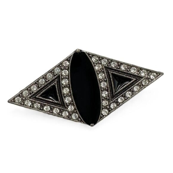 Jewelry - Vintage Art Deco Style Brooch Black Enamel Rhinestone Diamond Shaped
